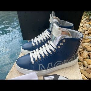 MCM Blue & Silver Leather Men's Hi-top Sneakers